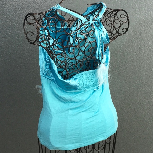Bebe Blue Silk Tie Back Halter Top w Feathers - Picture 3 of 8